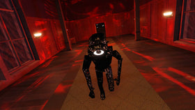 Seek from the Roblox horror experience DOORS in a red-lit corridor