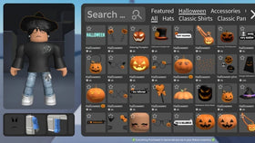 Roblox Halloween avatar catalog with pumpkin heads, seasonal accessories and marketplace listings