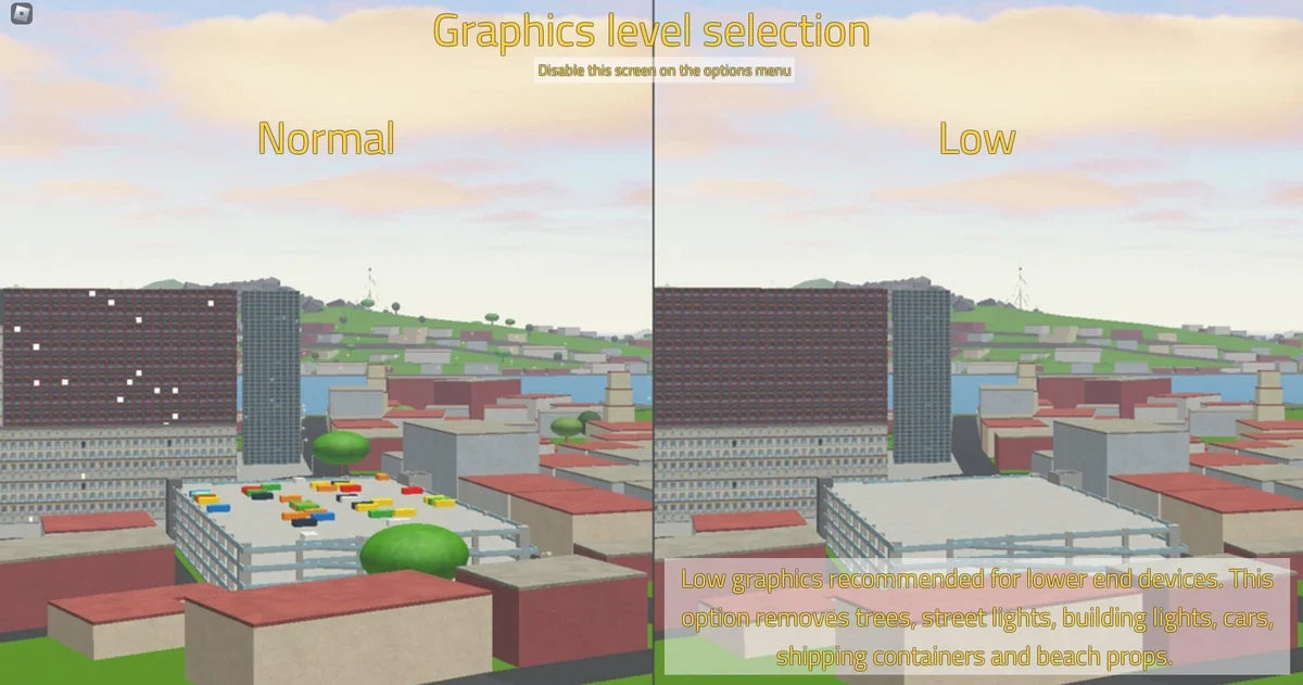 Roblox gameplay comparison showing normal and low graphics quality, used as an illustrative performance example