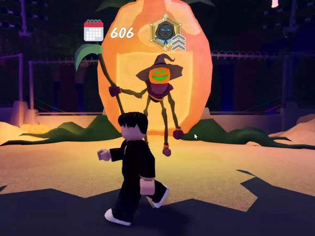 Roblox-style Halloween forest scene with a player avatar and pumpkin-lit scarecrow; seasonal context, not The Hollow 2026