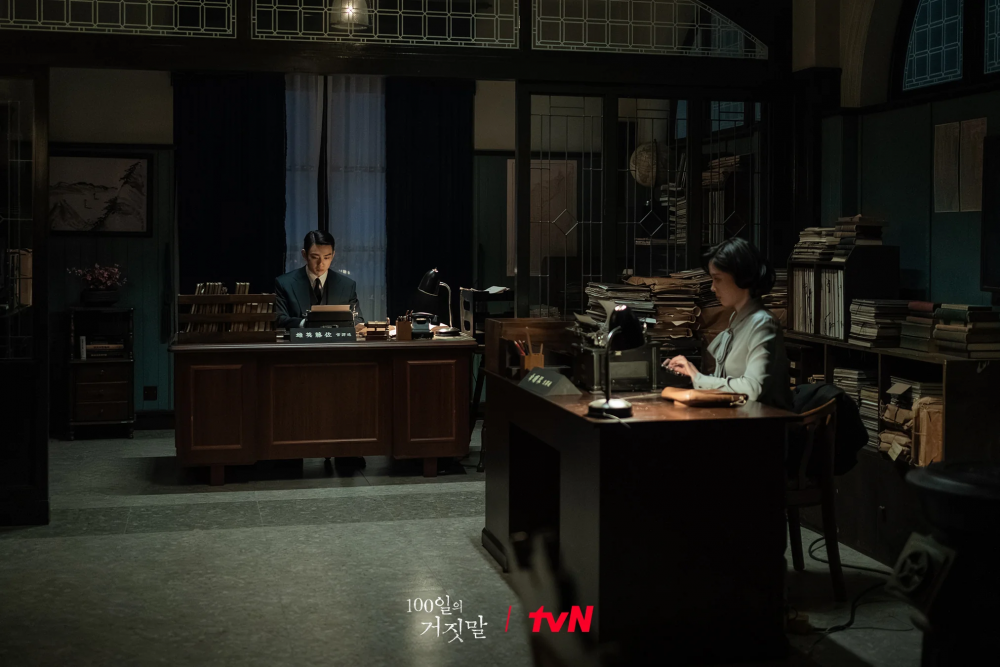 100 Days of Deception promotional still showing the characters in a shadowy office