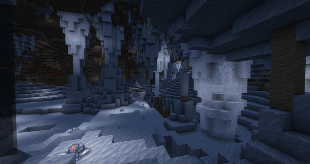 Illustrative Minecraft-style frozen cavern with packed ice pillars