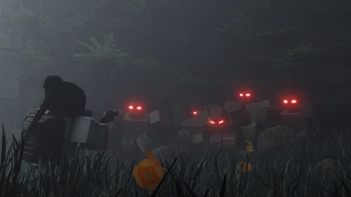 A foggy Roblox horror-game forest scene with shadowy figures and glowing eyes