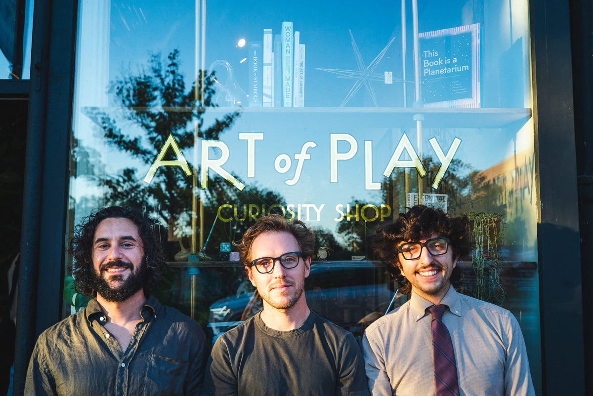 Art of Play co-owners outside the Brooklyn curiosity shop, connected to the 69 Atlantic close-up magic theater