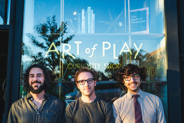 Art of Play co-owners outside the Brooklyn curiosity shop, connected to the 69 Atlantic close-up magic theater