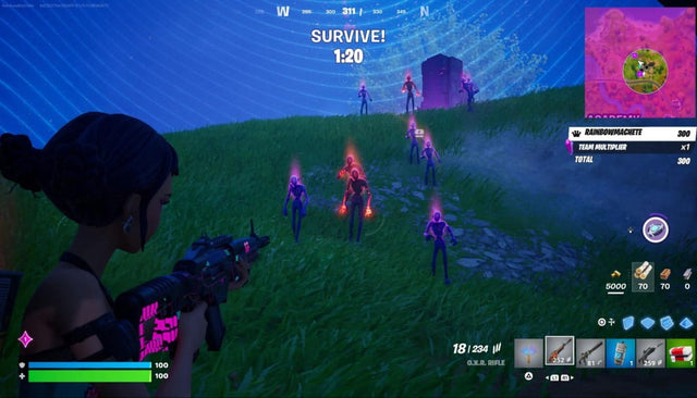 Fortnite survival gameplay showing players facing glowing enemies during a Demon Rush encounter