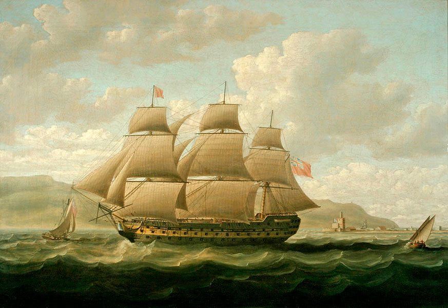 Historic painting of a British warship at sea, illustrating pirate ship battles in Treasure Island