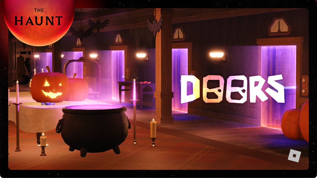 Roblox Doors Halloween-themed event scene with a pumpkin and purple-lit hall