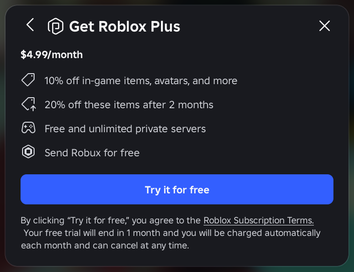 Roblox Plus subscription offer screenshot, used to illustrate the Night 5 status check for The Hollow item launcher