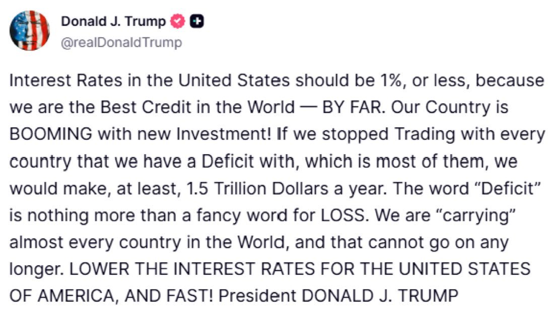 Trump Demands Interest Rates of 1% or Less After Fed Hike, Posts on Truth Social