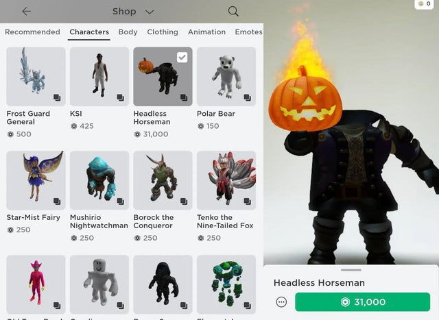 Roblox Avatar Shop showing a classic Headless Horseman bundle as a historical Halloween Marketplace example