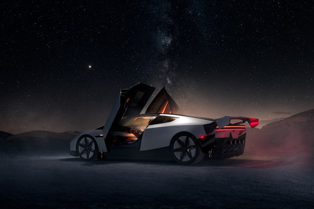 White Tesla Roadster prototype shown at night with doors open, Tesla reveal imagery