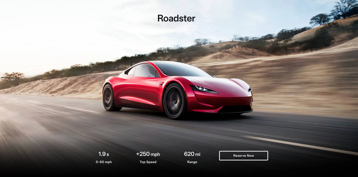 Red Tesla Roadster shown in an automotive reservation graphic
