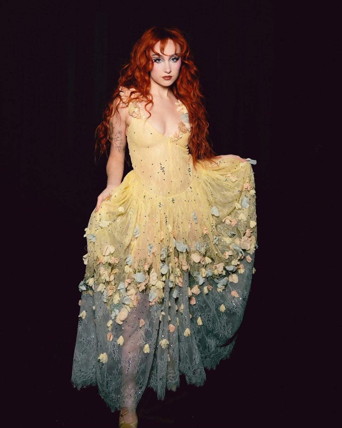 Chappell Roan in yellow Erdem floral lace gown at The Super Graphic Spectacular, October 2026