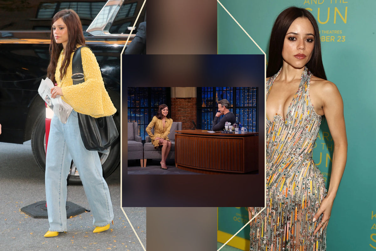 Jenna Ortega yellow look with colour-blocked denim, October 2026