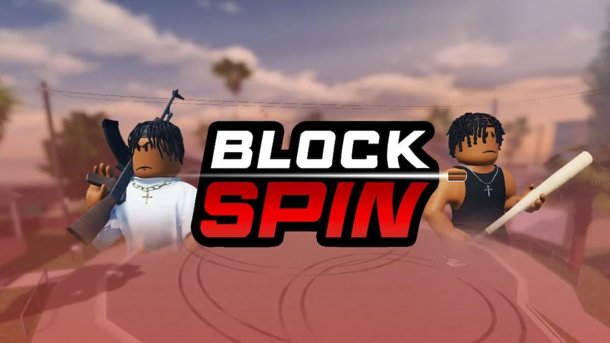 BlockSpin Roblox promotional thumbnail showing a blocky avatar and BLOCK SPIN title