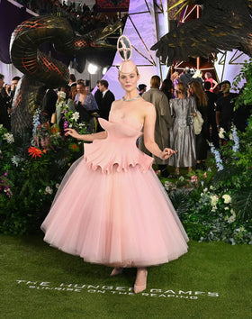 Elle Fanning in Robert Wun pink couture channeling Effie Trinket, London October 2026