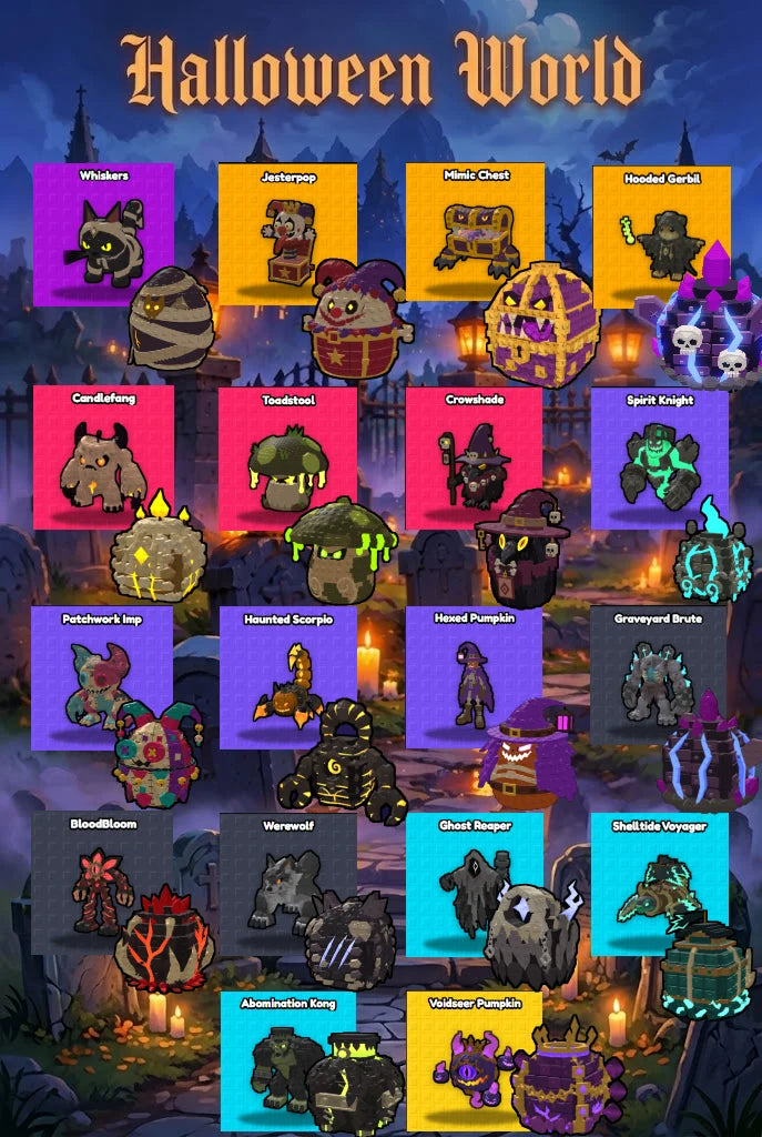 Steal An Egg Halloween World pet lineup with named event pets