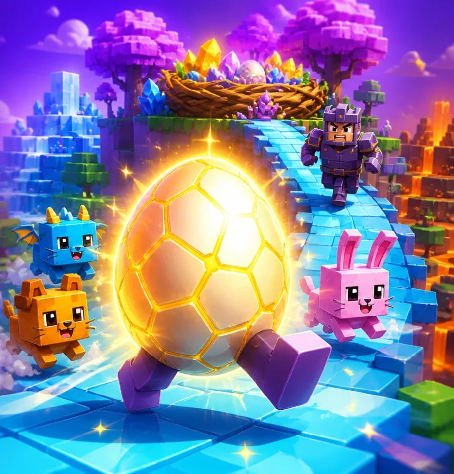 Steal An Egg promotional artwork showing a golden egg and colorful pets on a blocky game path
