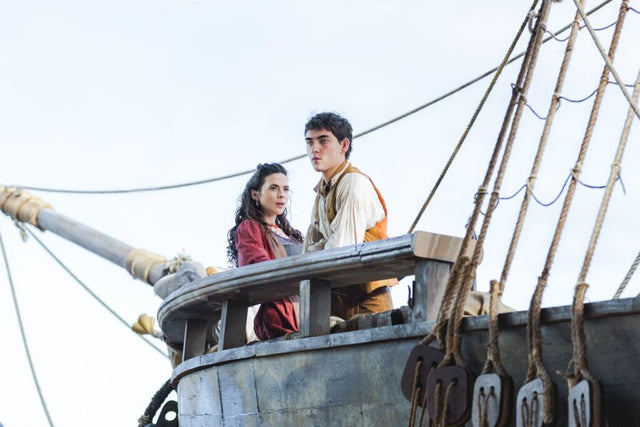 Hayley Atwell as Bess Hawkins and Tom Sweet as Jim Hawkins aboard the Hispaniola in Treasure Island (2026)