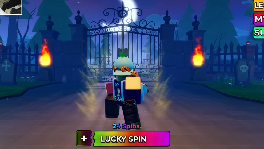 Anime Apocalypse Roblox gameplay screenshot with a character and Lucky Spin interface in a spooky moonlit setting