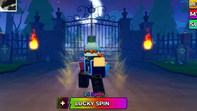Anime Apocalypse Roblox gameplay screenshot with a character and Lucky Spin interface in a spooky moonlit setting