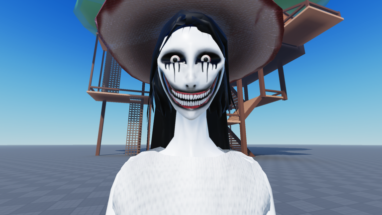 Hiachi-inspired grinning horror character from a Roblox The Mimic test experience