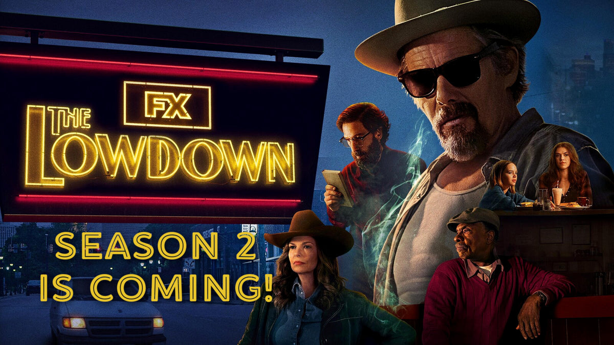 The Lowdown Season 2 promotional poster featuring the show's neon title and ensemble