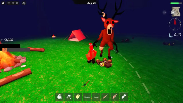 99 Nights in the Forest gameplay showing a player facing the Deer at a campsite with survival tools visible; illustrative gameplay, not The Hollow event art