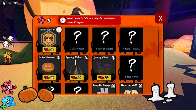 99 Nights in the Forest Halloween shop showing seasonal rewards and item countdown icons